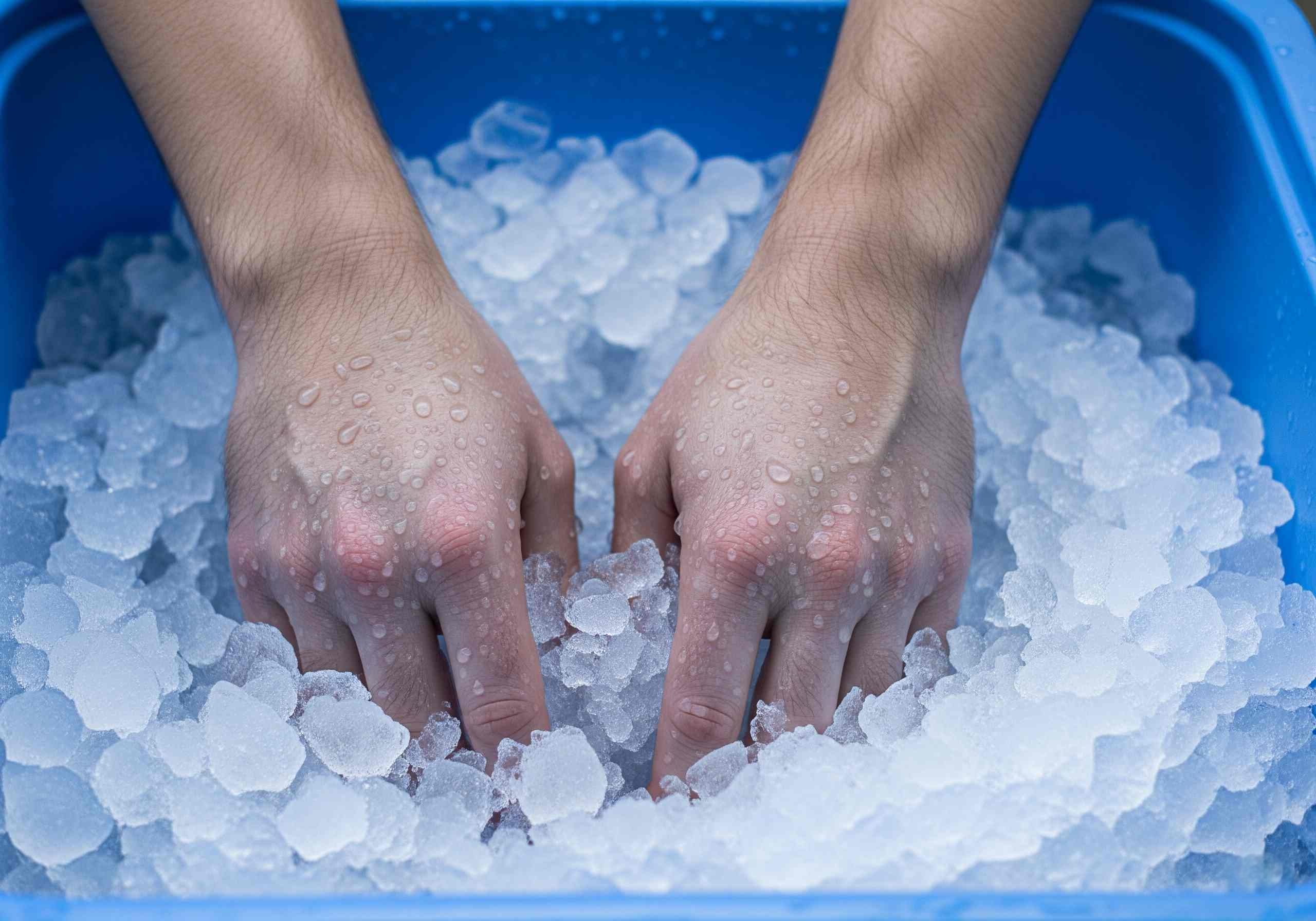 A close-up of an athlete’s legs being treated with cryotherapy, showing the frosty mist surrounding the skin. The athlete is seated in a relaxed position, with a focused expression, highlighting the therapeutic benefits of cryotherapy for muscle recovery and pain relief.
