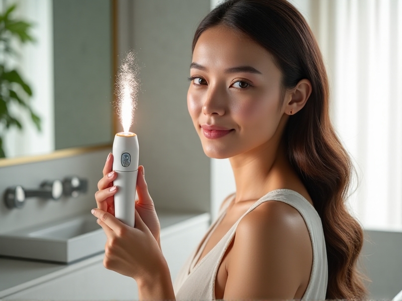 A woman holding a cryo facial device with a frosty mist emanating from the wand, her skin glowing with a healthy, radiant complexion, set against a modern bathroom backdrop with soft natural light filtering through a window.