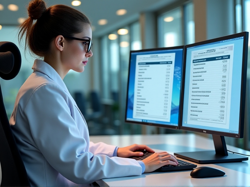 A healthcare professional reviewing medical billing documents on a computer screen in a well-lit office. The image conveys the meticulous attention to detail required in the billing process, with a focus on accuracy and efficiency.
