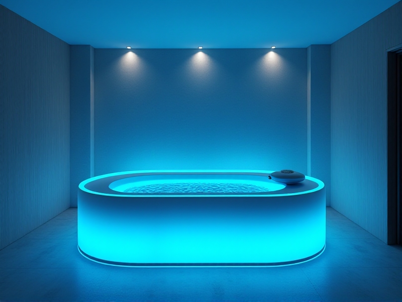 A tranquil image of a float therapy session, featuring a person lying peacefully in a sensory deprivation tank filled with warm, glowing water. The room is dimly lit with soft blue and purple hues, creating a serene and meditative atmosphere. The water reflects the gentle light, emphasizing the calming experience.